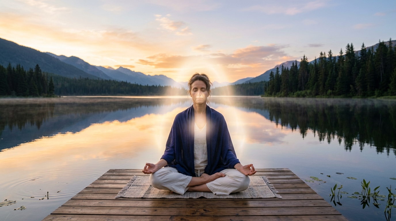 Meditator Practicing Touchpoint Breathing by Lake at Sunrise
