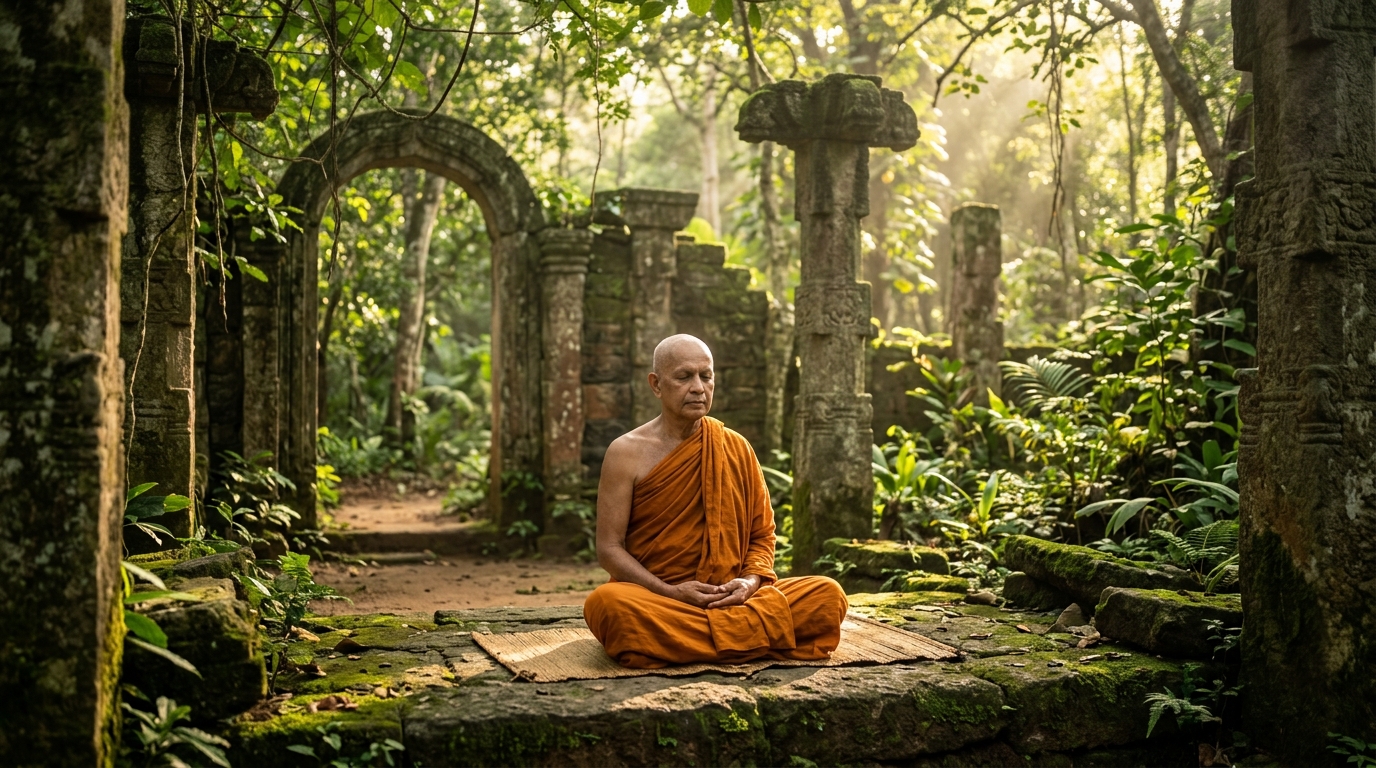 Theravada Buddhist Monk Meditating in Ancient Sri Lankan Forest Monastery